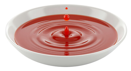 A vibrant red liquid splash in a white bowl dynamic droplet effect on transparent background.