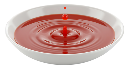 A vibrant red liquid splash in a white bowl dynamic droplet effect on transparent background.