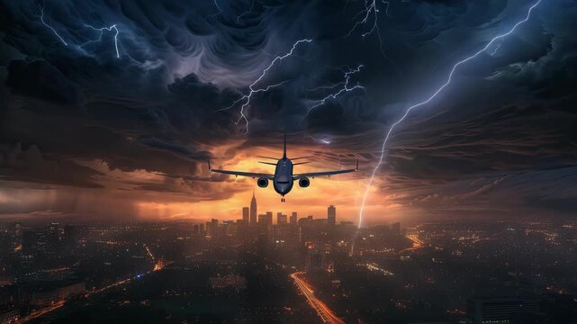 the plane flies over the city in a thunderstorm. selective focus