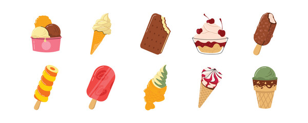 Collection of Ice Cream Desserts, Popsicles, Cones, and Sundaes. Ice Cream Treats Collection, Ice Cream Vector Set