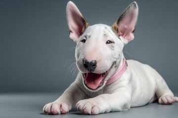 Inside a home, a white Bull Terrier puppy appears carefree and relaxed, wearing a playful expression
