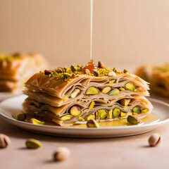 Closeup of pistachio baklava traditional middle eastern dessert