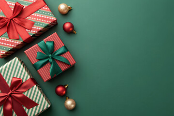Stylish flat lay of red holiday presents wrapped with green ribbons, paired with gold and red baubles on festive red background.
