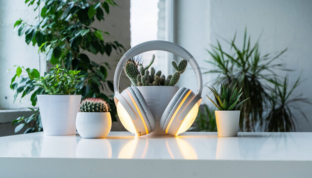 Close-up of Noise Cancelling Headphones and Succulent Plant on Desk - Powered by Adobe