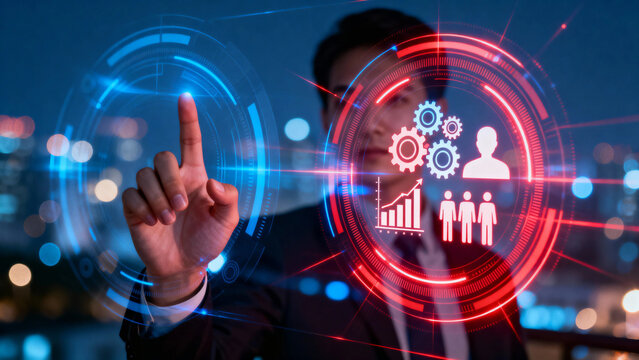 Businessman interacting with futuristic digital interface displaying data analytics and team collaboration icons