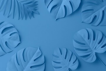 Blue paper-cut monstera and palm leaves on matching blue background