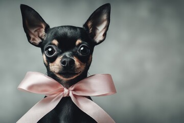 In an indoor setting with a dark background, a brown chihuahua is pictured wearing a pink ribbon