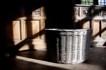 A cozy room is filled with warm sunlight that filters in through a large window and shines on polished wooden floors near a wicker chair