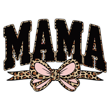 Leopard print mama text design with a large bow graphic isolated on transparent background