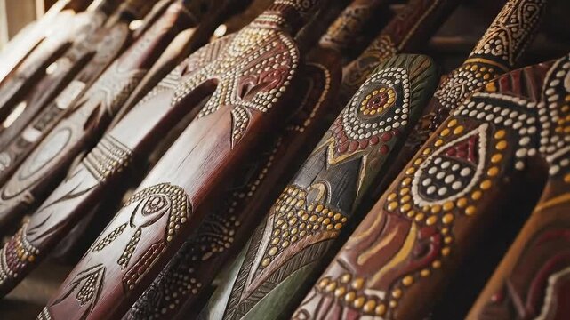 Intricate Aboriginal Boomerangs Displayed in a Row Showcasing Traditional Dot Art Patterns and Earthy Tones with Soft Natural Lighting