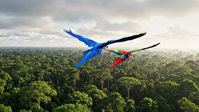Two colorful macaws, a blue hyacinth and a red macaw, flying over the dense green canopy of the amazon rainforest