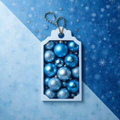 Blue Christmas Ornaments Festive Baubles Arranged in Gift Tag Frame on Winter Background