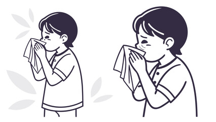 Illustration of a person blowing their nose with a tissue, showing signs of illness.