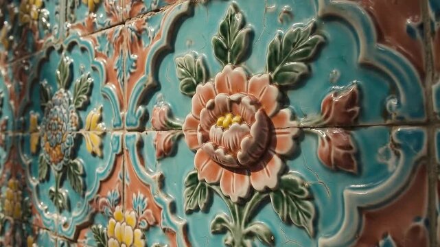 Intricate Floral Ceramic Tiles Oriental Architectural Detail Close Up Macro Shot of Traditional Decorative Wall Panels