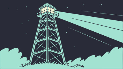 Animated illustration of a skeletal lighthouse tower shining a beam of light across a starry night sky.