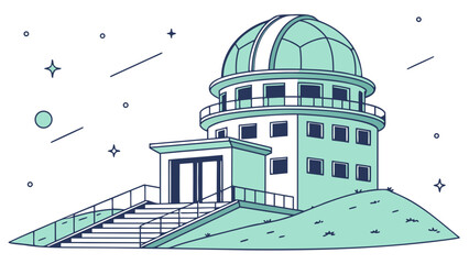 An illustration of an astronomical observatory on a hill against a starry night sky with planets and meteors.