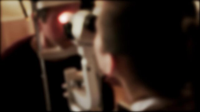 Doctor ophthalmologist checks vision of male patient autorefractometry rays in infrared spectrum with special device. Optical system of eye, background, blurred. Copy space for text