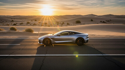 Obraz premium Photorealistic matte silver sports car parked on a desert road at sunrise, glowing with warm golden light. Elegant minimalistic scene, perfect for luxury travel, automotive ads and premium branding.