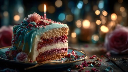 Slice of blue frosted birthday cake with pink roses and candle in romantic evening light, perfect for celebration invites, dessert blog