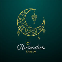 ramadan kareem with Crescent moon, lanterns and stars.
