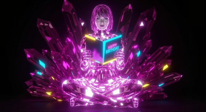 A futuristic robot holds a glowing happy birthday message. Sci-fi cyborg woman sits among pink neon crystals in a cyberpunk setting