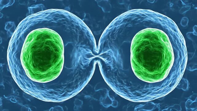 microscopic cell undergoes mitotic division with green chromatin cluster, spindle fibers form and pull chromosomes apart, cytokinesis completes into two daughter cells, biomedical animation