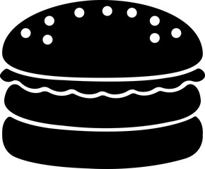 Burger fast food icon in black flat style featuring sandwich, hamburger, cheeseburger, snack, meal, cuisine, deli, and food related synonym elements for restaurant branding and menu design