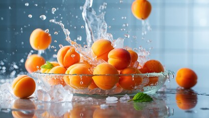 Close-up of bright apricots splashing on a glass platter with reflective shine