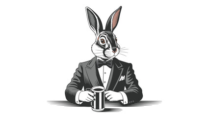 Anthropomorphic rabbit character wearing a formal tuxedo and bow tie holding a coffee cup in a vintage sketch style