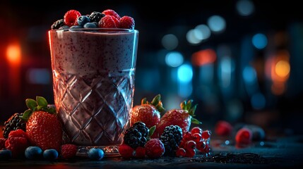 Mixed berry smoothie in crystal glass surrounded by fresh fruit and neon lights, perfect for wellness blogs, drink ads