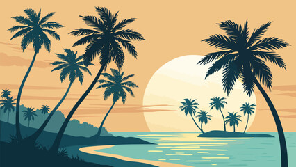 Dreamy island sunset scene with swaying palm trees, perfect for tropical vacations and summer getaways