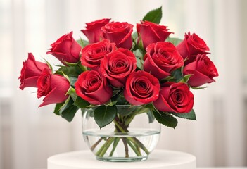 Vibrant red rose bouquet arranged in a clear glass vase on a light background