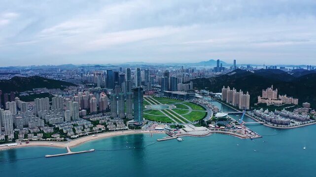 Aerial View of Dalian Coastal City Skyline with Skyscrapers and Beach Scenery, China