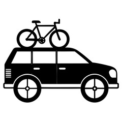 Black silhouette of a car with a bicycle on its roof rack