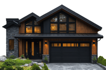 Luxury Home Exterior Modern Design Architecture Detail Timber Black Frames Stone Facade Landscaping