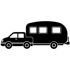Black silhouette of a car towing a travel trailer on a white background