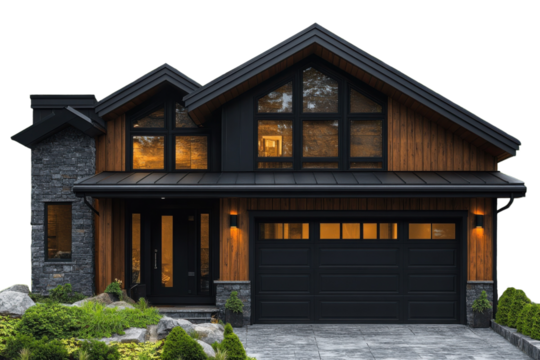 Luxury Home Exterior Modern Design Architecture Detail Timber Black Frames Stone Facade Landscaping