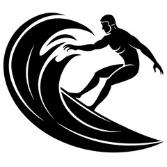 Silhouette of a surfer riding a large wave