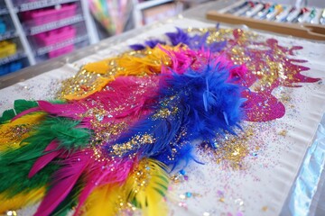 Fototapeta premium Vibrant carnival feather display with electric blue accents and glitter.