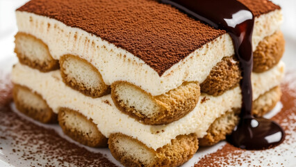 Delicious tiramisu cake with cocoa powder and chocolate sauce on top