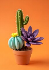 3D illustration of stylized cactus and succulent plants in a pot. Cute cartoon clay texture render on orange background