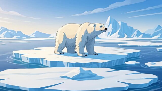 Polar bear standing on a melting ice floe in the Arctic Ocean, a symbol of climate change and global warming.