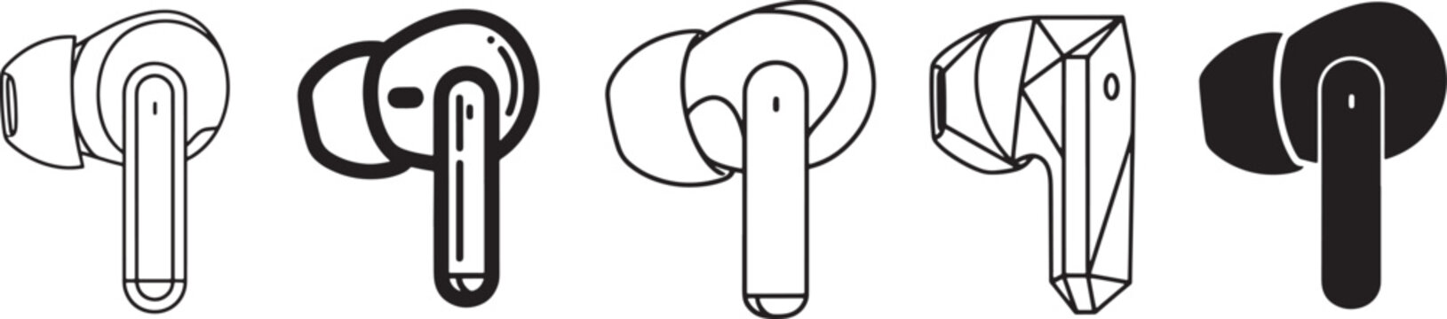 Modern wireless earbuds collection with various icon styles for audio devices, depicting advanced personal sound technology and communication Vector