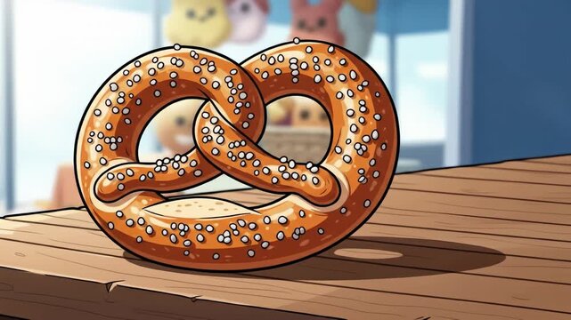 A delicious pretzel sits on a wooden table in a bakery.