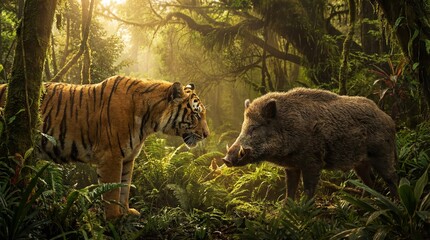 Tiger and Wild Boar in Jungle: A tense moment captured in a dense jungle, where a majestic tiger and a fierce wild boar confront each other.