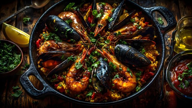 Seafood paella with shrimp and mussels in rustic setting under warm lighting, perfect for restaurant menus, culinary blogs