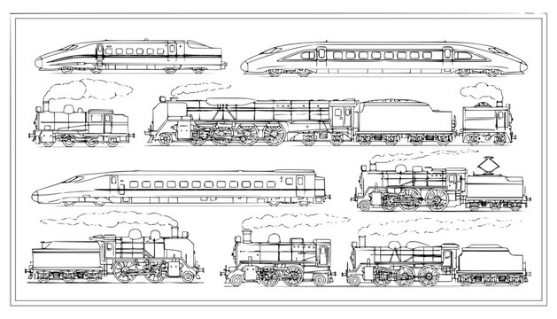 A detailed line drawing showcasing various types of trains on a white background vector illustration