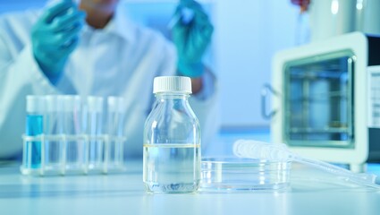 Bottle culture media bottles spotless in laboratory setup with glassware