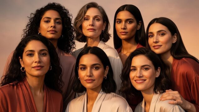 Diverse group of six women of varying ages posing together outdoors at sunset, emphasizing natural beauty and confidence