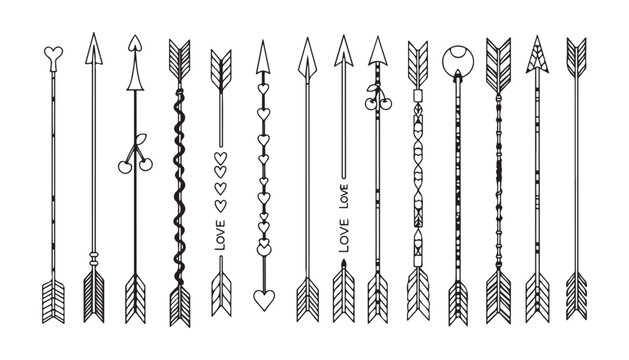 A collection of decorative arrows with various designs in black and white outline vector illustration